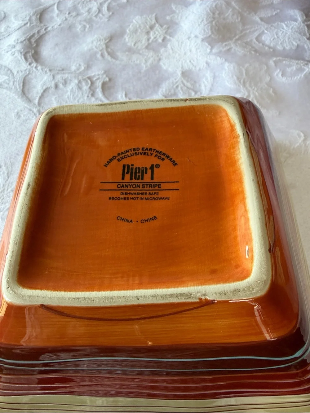 Pier 1 Square Serving Bowls in Orange and Cream Stripes